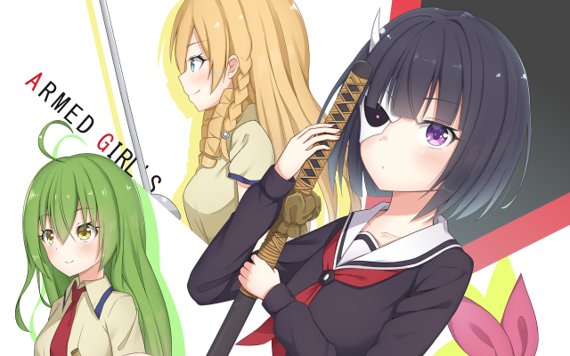 Anime girls green hair swords free wallpaper for desktop - medium preview image
