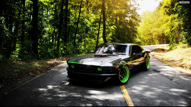 Car parked woods green rims free wallpaper for desktop - medium preview image
