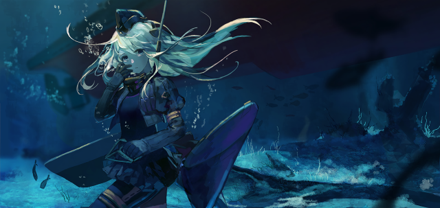 Woman sword helmet blue underwater free wallpaper for desktop - medium preview image