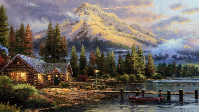 Cabin lake boat mountain painting #3 free wallpaper for desktop - medium preview image