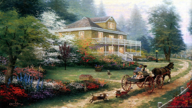 Horse carriage garden house dog free wallpaper for desktop - medium preview image
