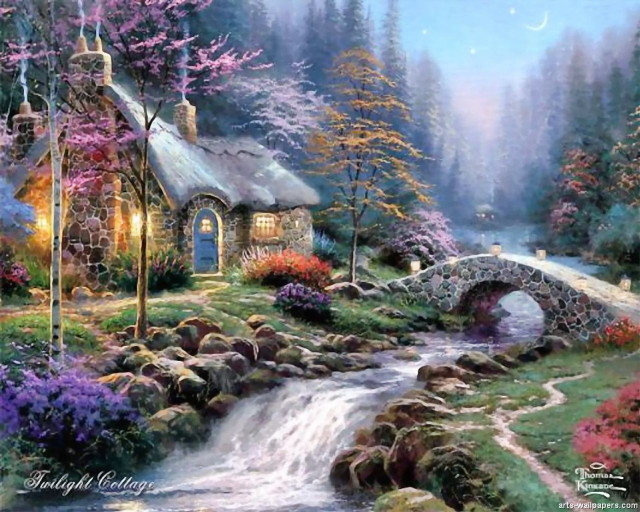 Cottage stream woods bridge flowers free wallpaper for desktop - medium preview image