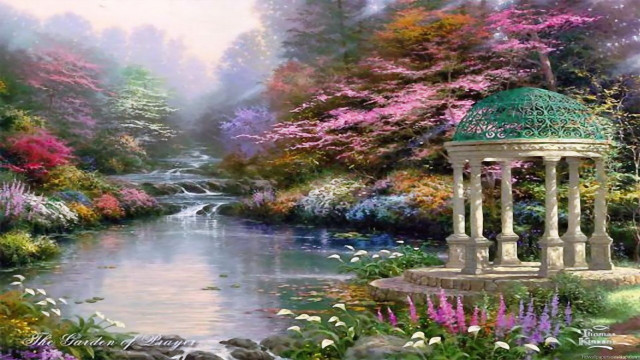 Gazebo garden flowers trees stream free wallpaper for desktop - medium preview image