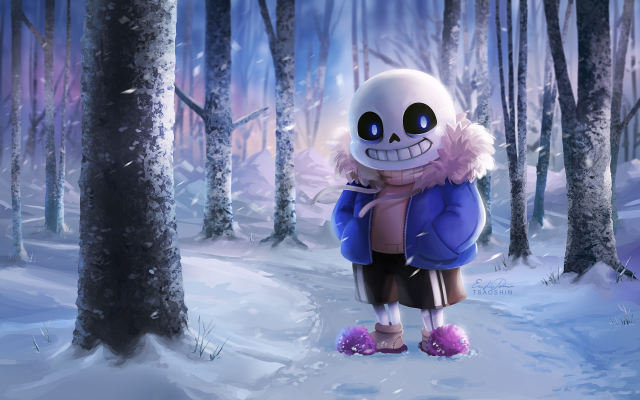 Cartoon character snowy forest backpack free wallpaper for desktop - medium preview image