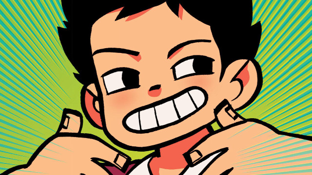 Cartoon man toothy grin hand free wallpaper for desktop - medium preview image