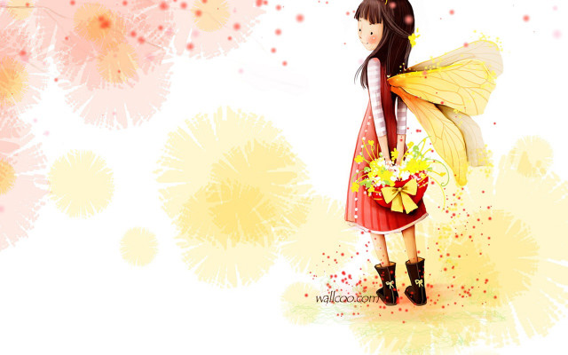 Girl flower bouquet butterfly wings free wallpaper for desktop - medium preview image