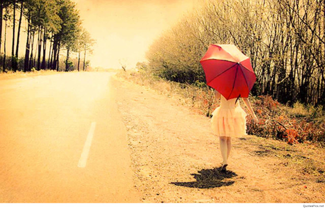 Woman red umbrella walking road free wallpaper for desktop - medium preview image