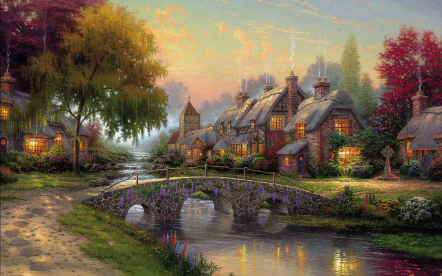 Village bridge river house painting #2 free wallpaper for desktop - medium preview image