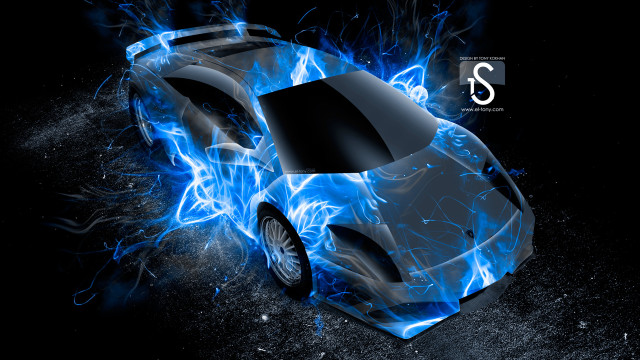 Car blue flames dark background free wallpaper for desktop - medium preview image