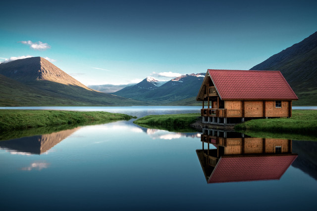 Lake house mountains sky bridge free wallpaper for desktop - medium preview image