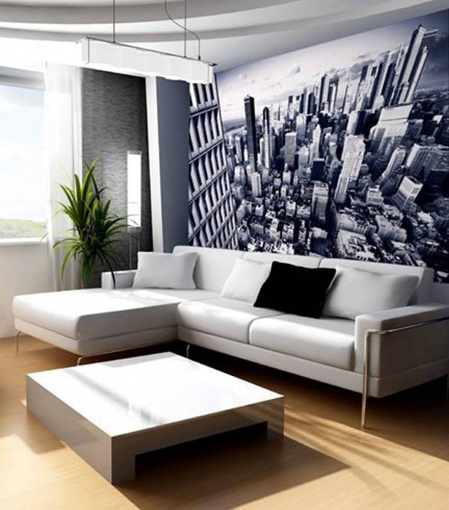 Living room cityscape white couch free wallpaper for tablet - medium preview image