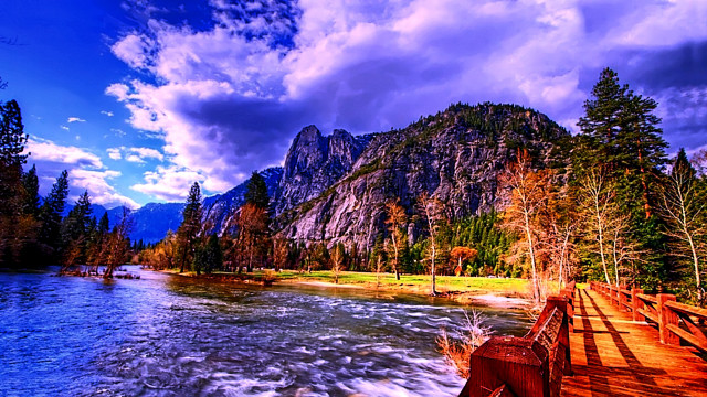 River wooden bridge mountains clouds free wallpaper for desktop - medium preview image