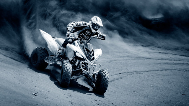 Man riding white atv dusty free wallpaper for desktop - medium preview image