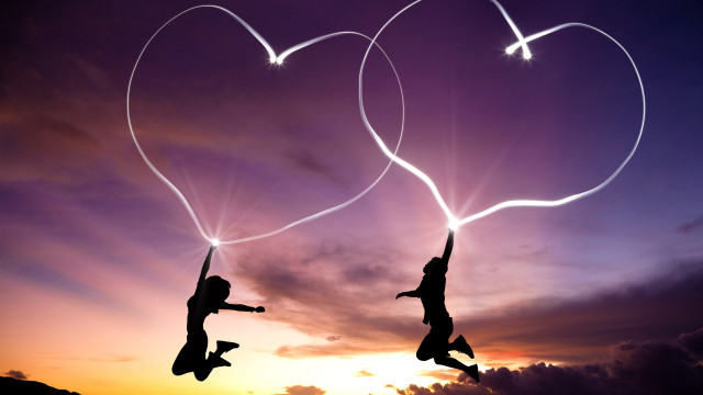 Flying people hearts sky sunset free wallpaper for desktop - medium preview image