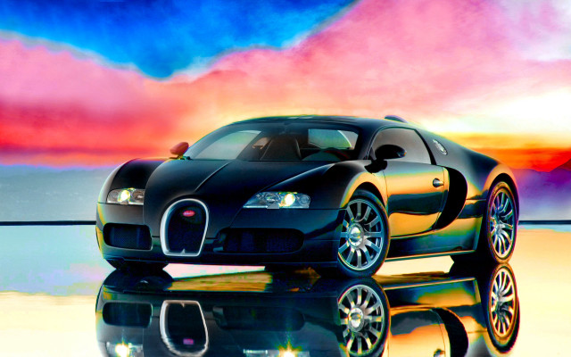 Black bugatti reflection puddle sunset #2 free wallpaper for desktop - medium preview image