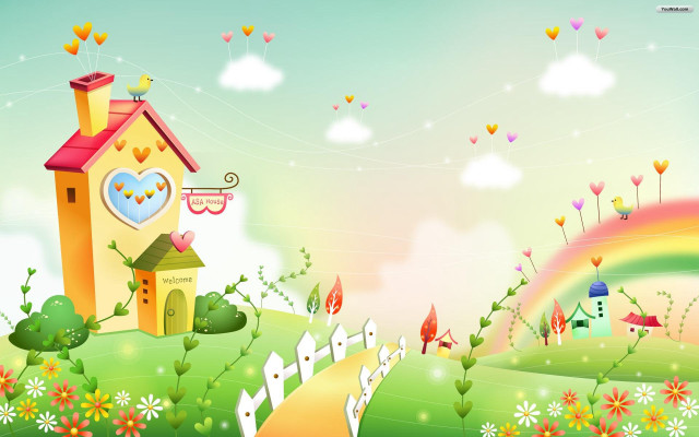 House heart rainbow flowers sky free wallpaper for desktop - medium preview image
