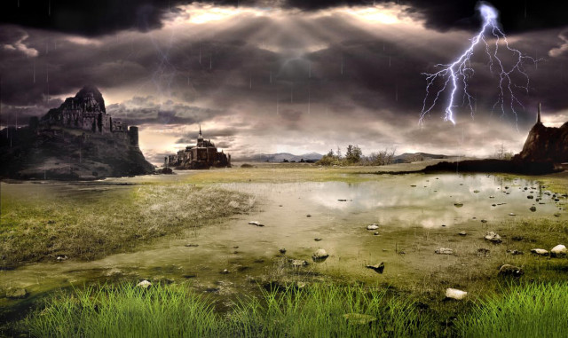 Storm lake castle lightning painting free wallpaper for desktop - medium preview image