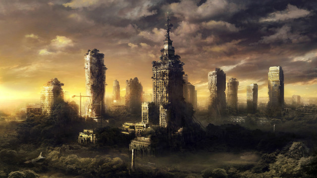 Afrofuturism cityscape sunset bridge castle free wallpaper for desktop - medium preview image