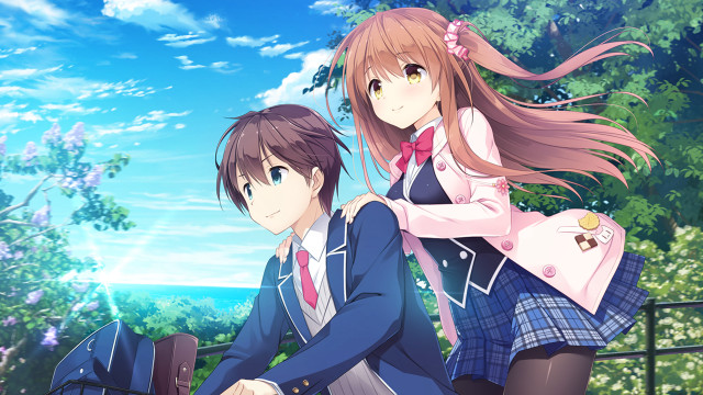 Anime characters bench park trees free wallpaper for desktop - medium preview image