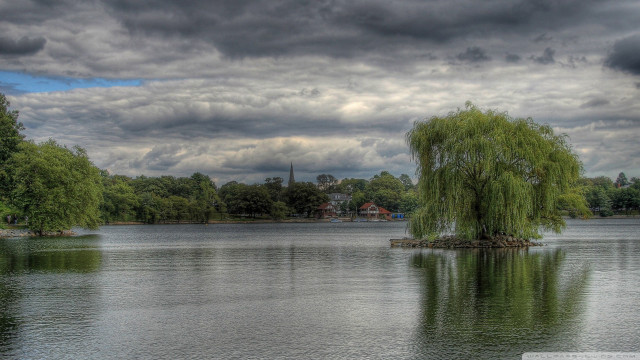 Tree lake cloudy sky church free wallpaper for desktop - medium preview image