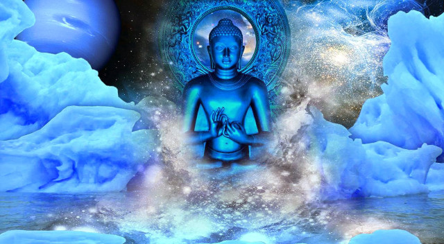 Buddha statue water icebergs stars free wallpaper for desktop - medium preview image