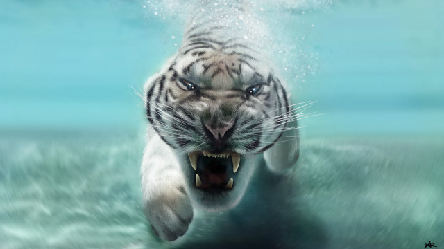 White tiger swimming water mouth free wallpaper for desktop - medium preview image