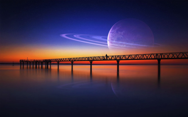 Bridge water sky saturn person free wallpaper for desktop - medium preview image