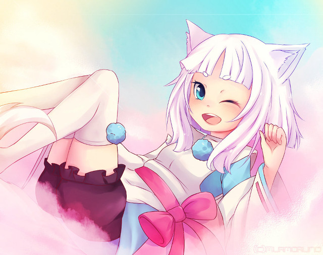 Kawaii anime catgirl pinkoutfit bluebackground free wallpaper for desktop - medium preview image