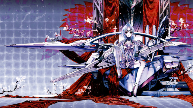 Futuristic woman red curtain sword free wallpaper for desktop - medium preview image