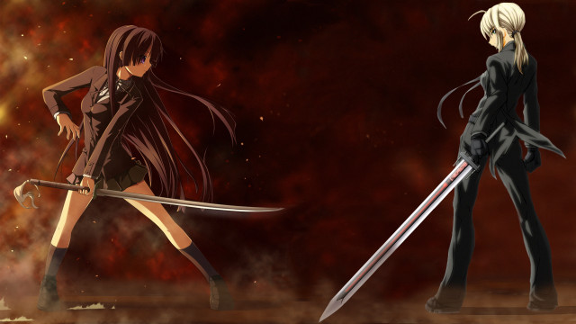 Anime characters swords red background free wallpaper for desktop - medium preview image