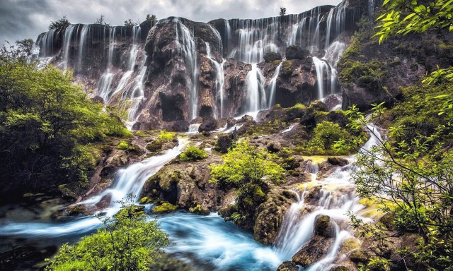 Waterfall blue river trees cloudy free wallpaper for desktop - medium preview image