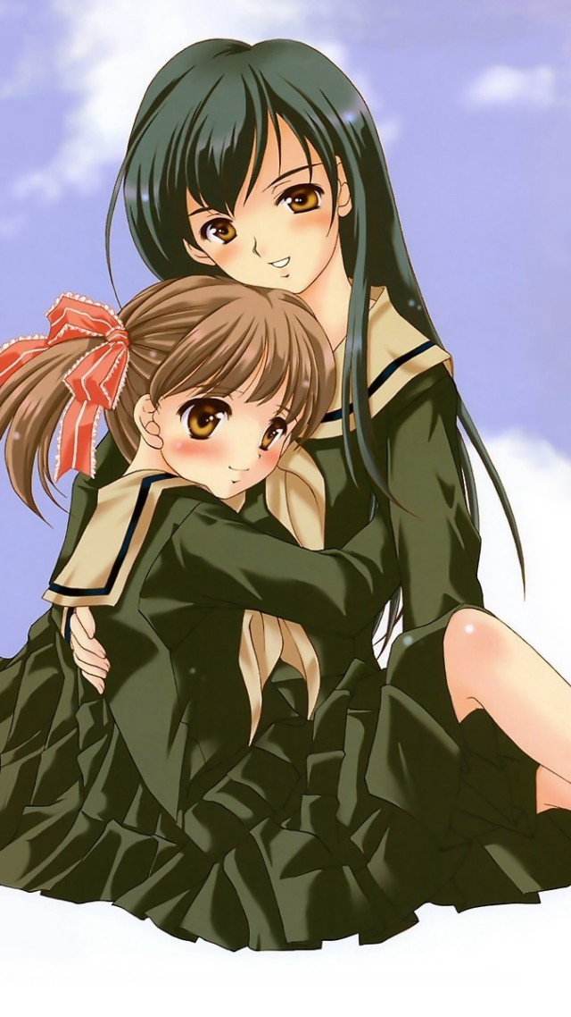 Anime girls hugging snow sky free wallpaper for mobile - medium preview image