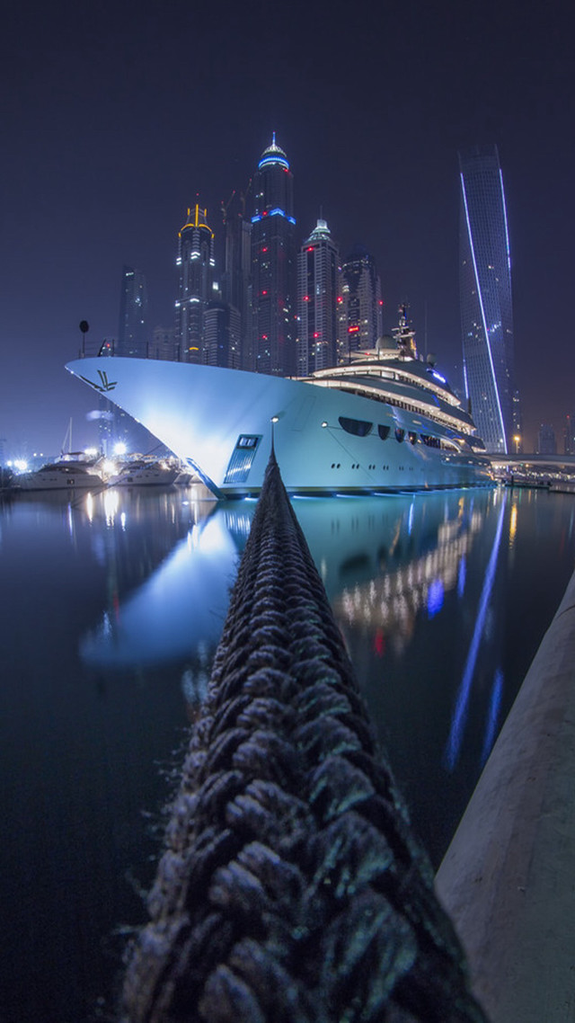 Boat docked harbor night city free wallpaper for mobile - medium preview image