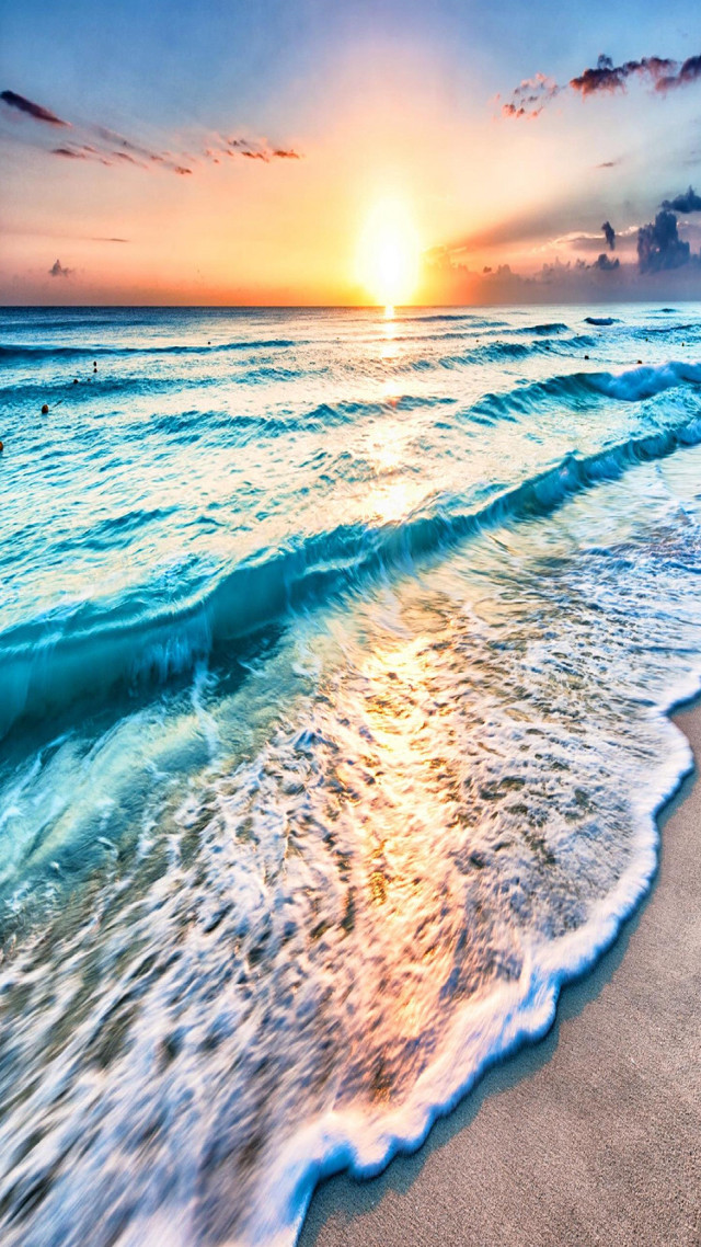 Beach waves sunset swimming person free wallpaper for mobile - medium preview image