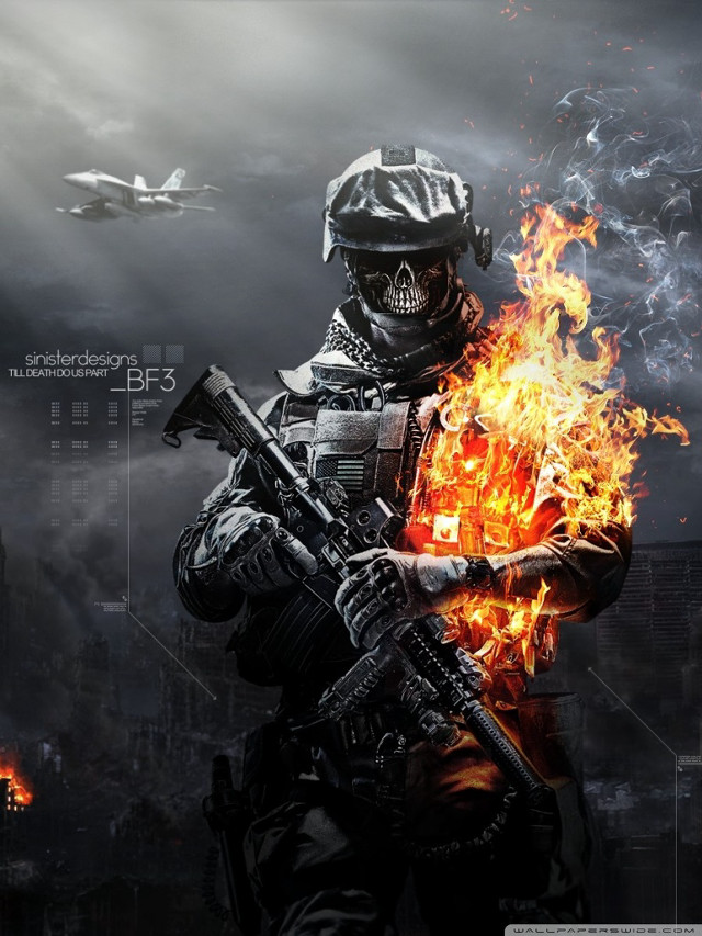 Soldier gun dark city flames free wallpaper for mobile - medium preview image