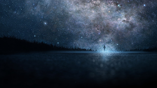 Person lake night sky stars free wallpaper for desktop - medium preview image