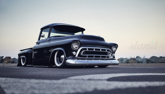 Classic black truck hood up free wallpaper for desktop - medium preview image