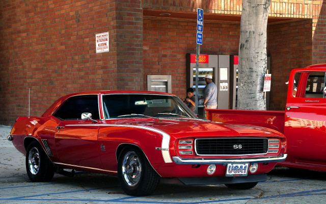 Red car red truck street free wallpaper for desktop - medium preview image