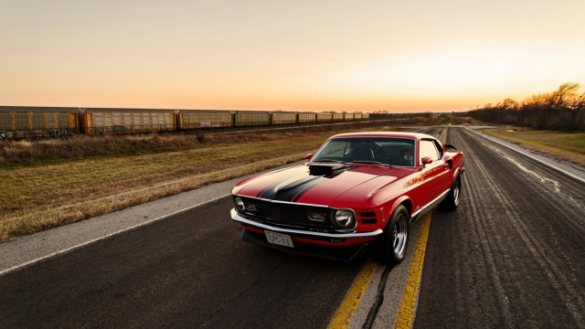 Red mustang country road sunset free wallpaper for desktop - medium preview image