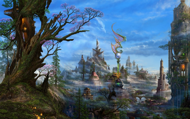 Fantasy city trees buildings bird free wallpaper for desktop - medium preview image