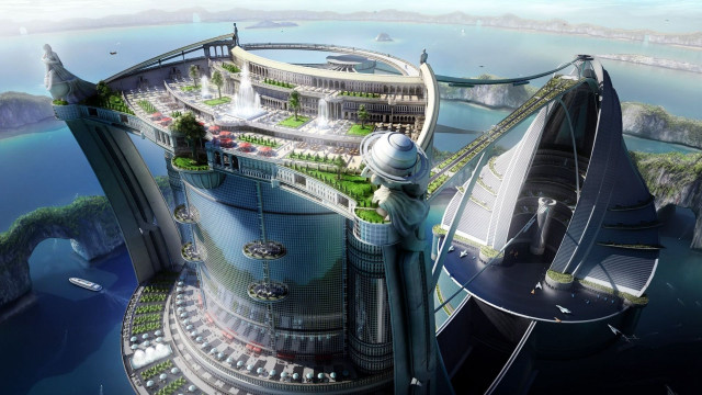 Futuristic city bridge buildings water #3 free wallpaper for desktop - medium preview image