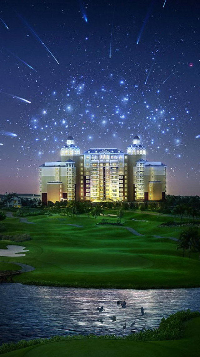Night golf course building pond free wallpaper for mobile - medium preview image