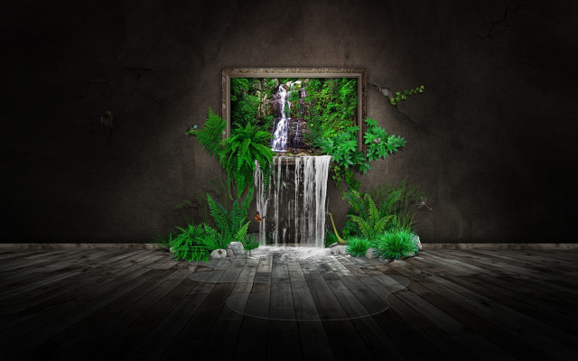 Waterfall hole plants picture frame free wallpaper for desktop - medium preview image