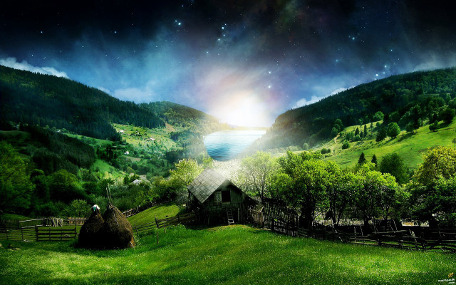 Cabin green field lake background free wallpaper for desktop - medium preview image