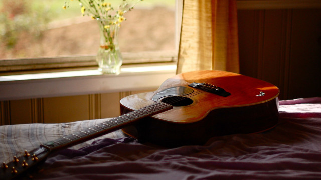 Guitar bed window vase flowers free wallpaper for desktop - medium preview image