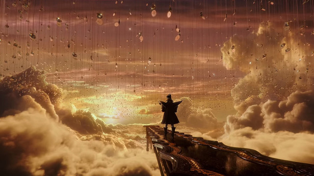 Person standing ledged clouds umbrella free wallpaper for desktop - medium preview image