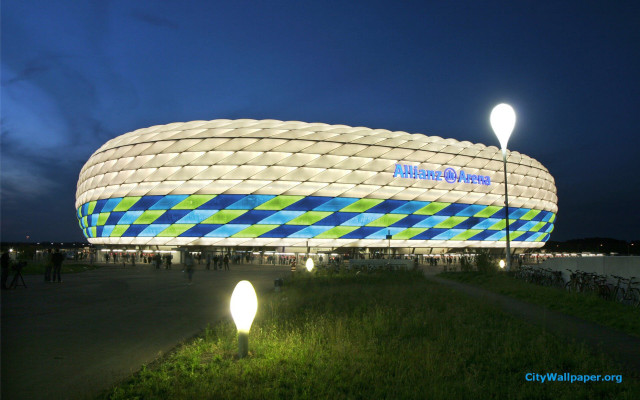 Large building blue green night free wallpaper for desktop - medium preview image