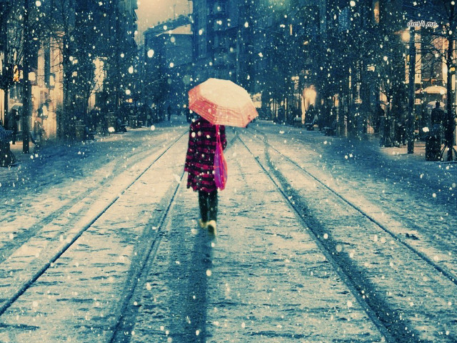 Woman walking umbrella snow night free wallpaper for desktop - medium preview image