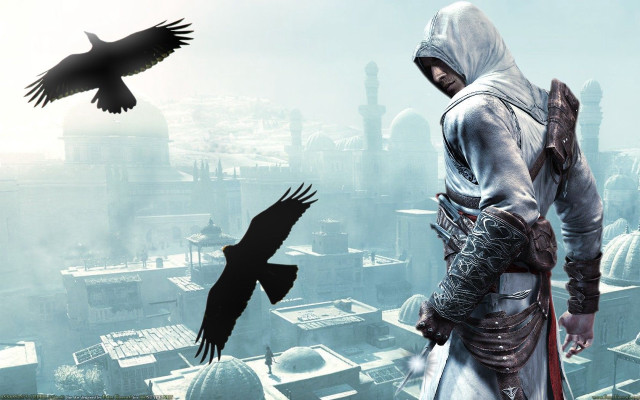 Man hooded outfit roof bird free wallpaper for desktop - medium preview image