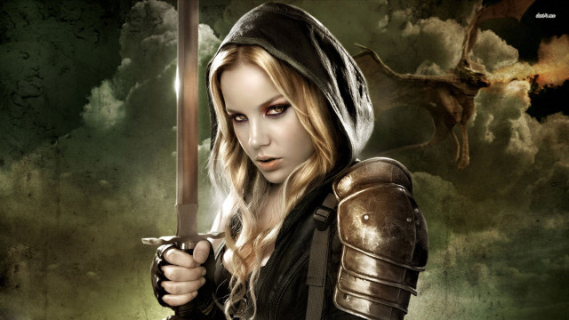 Woman hooded sword dragon clouds free wallpaper for desktop - medium preview image